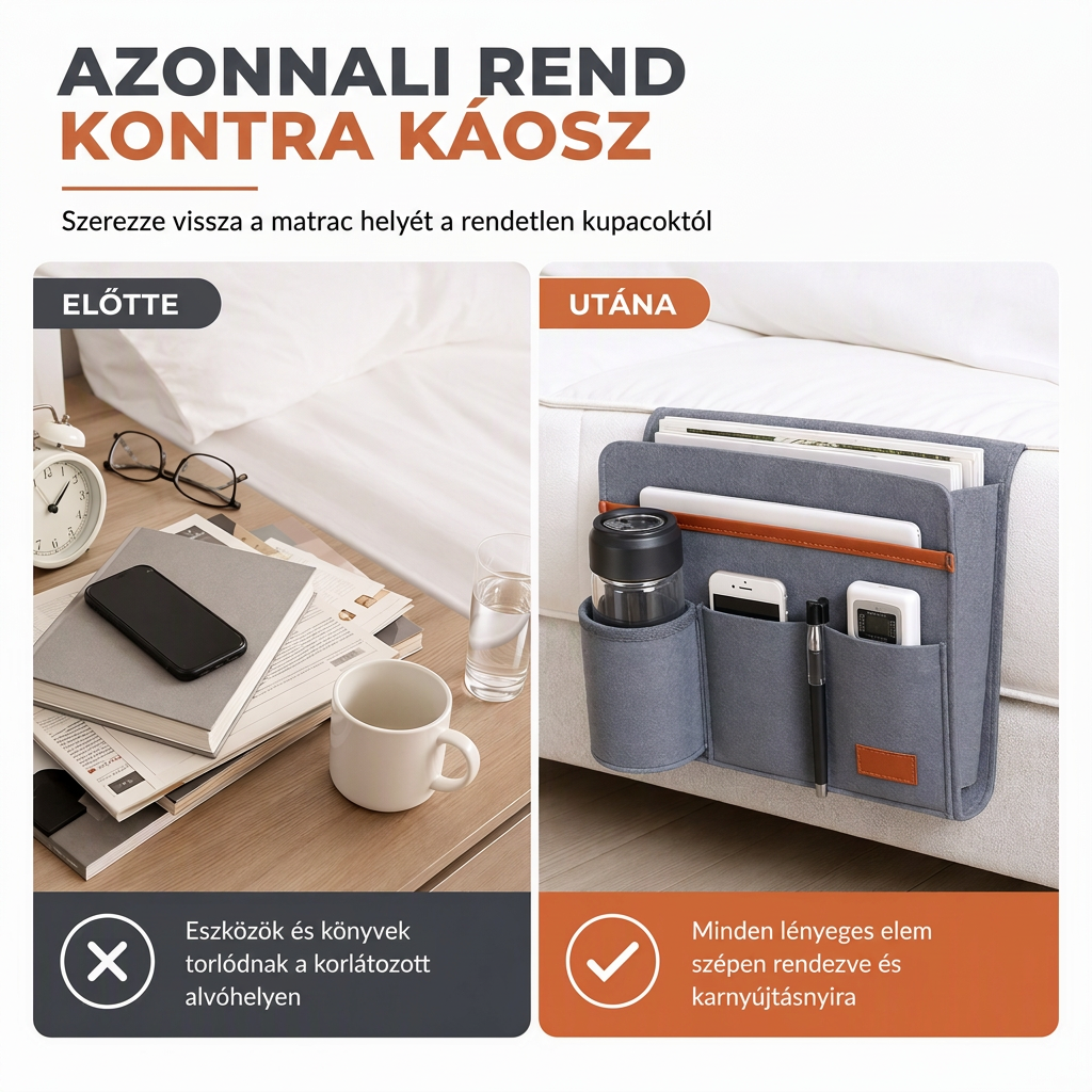 🛏️✨ Minimalista nemez ágy melletti rendszerező táska: Minden kéznél, tiszta éjszaka 📱📚