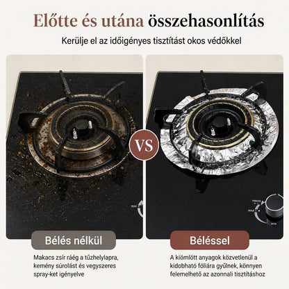 ⏳ Korlátozott idejű ajánlat! ⏰ 10 darabos nagy teherbírású alumínium fólia gáztűzhely égővédő betét – Tartsa tisztán és védje a főzőlapját a mélyedéses kifolyásfogóval 🍳